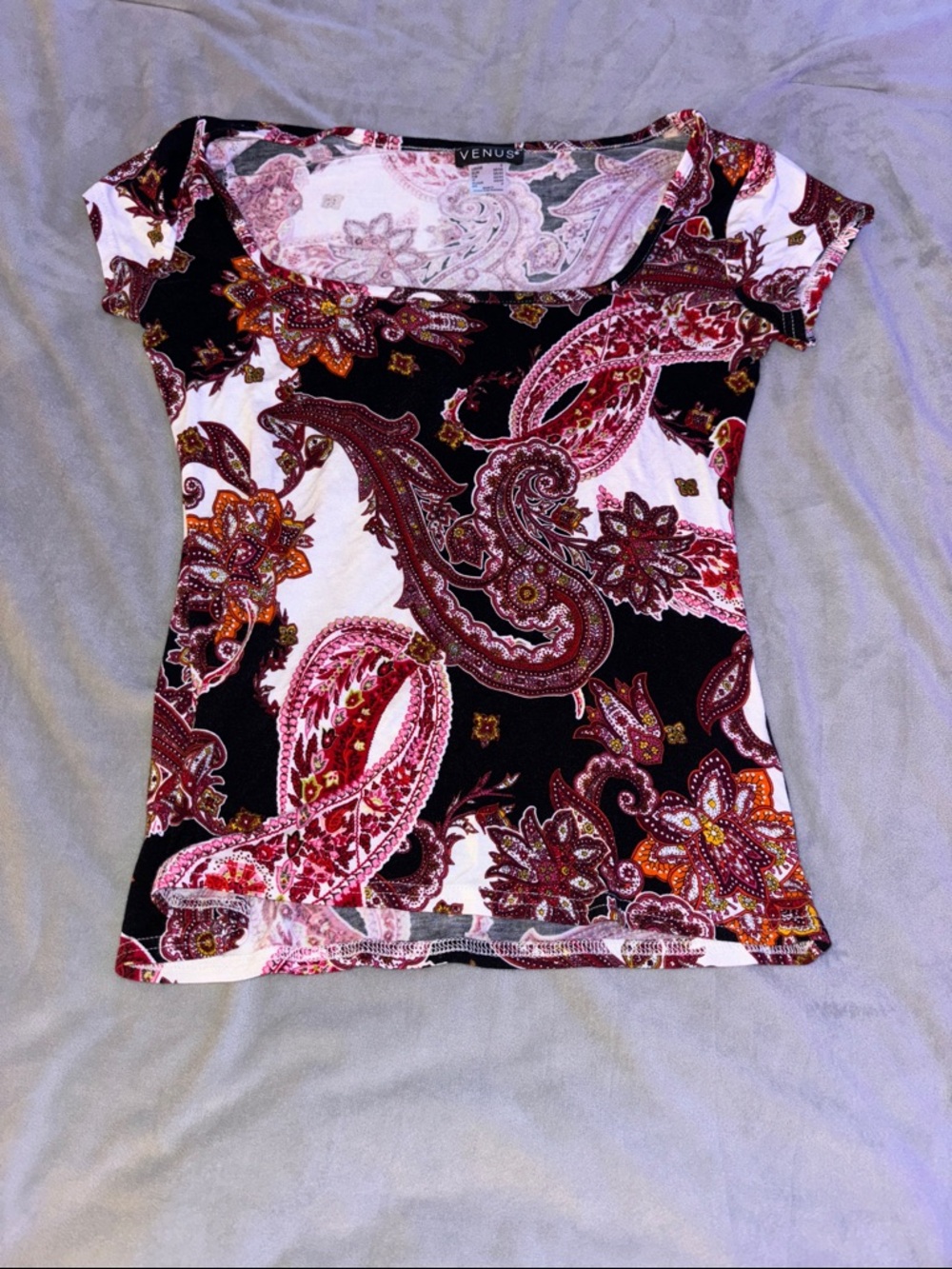 VENUS Short-Sleeve Paisley Scoop Neck Top - Black, Pink, Orange